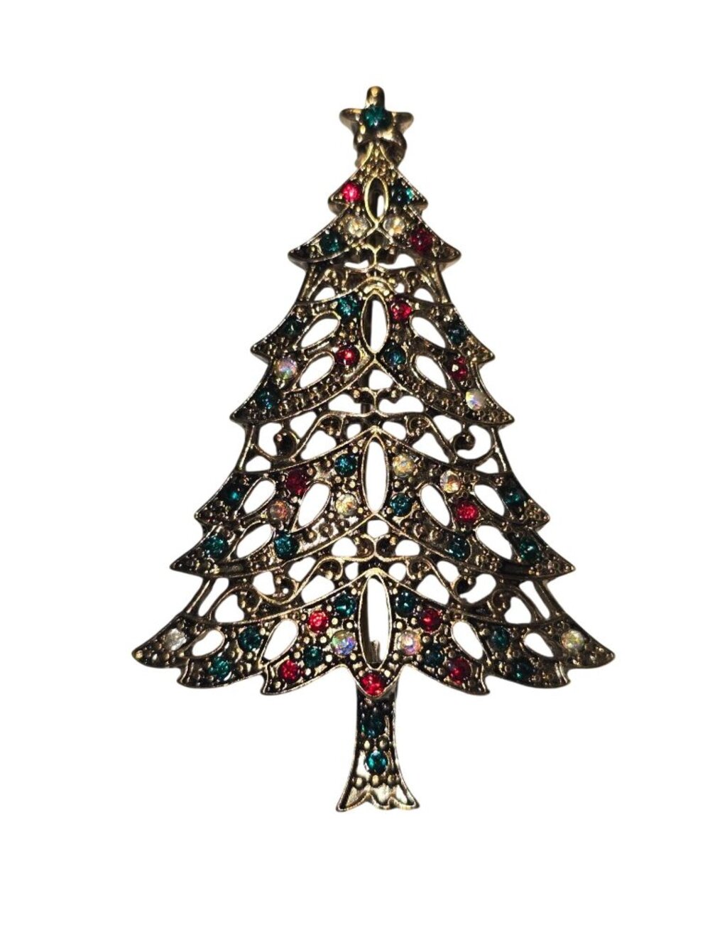 Vintage 1990s Christmas Tree Jeweled Golden Brooch